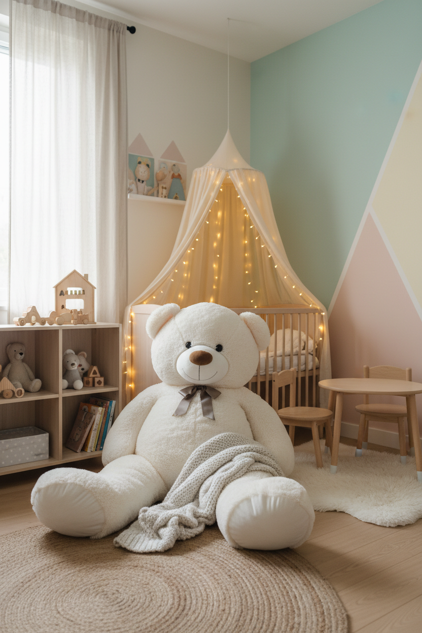 Ourson géant XXL dans une chambre cosy scandinave