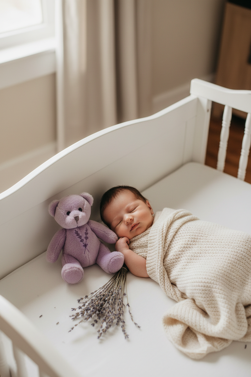 Ourson en peluche parfumé lavande près d'un bébé endormi, cadeau naissance