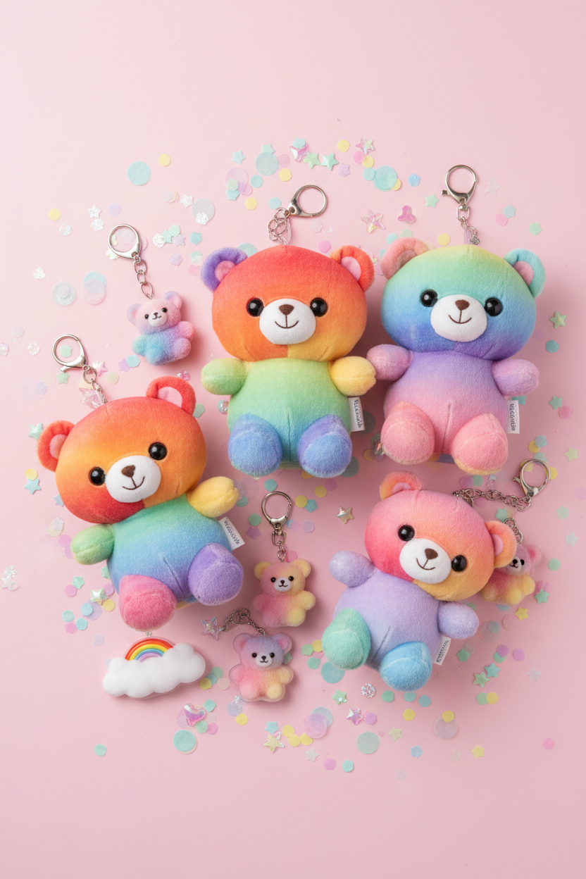 Collection kawaii arc-en-ciel peluches colorées flat lay pastel