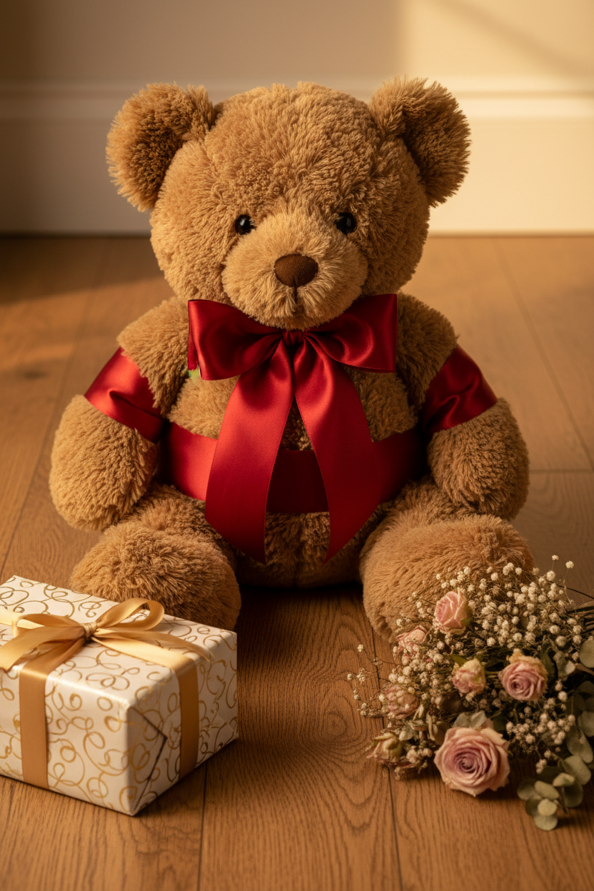Ourson peluche avec ruban satin, ambiance cadeau anniversaire ou Saint-Valentin